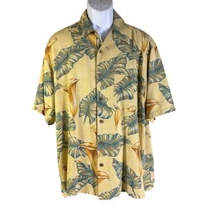 WtF Men's Short Sleeve Button Down Floral Silk Hawaiian Shirt Yellow Large